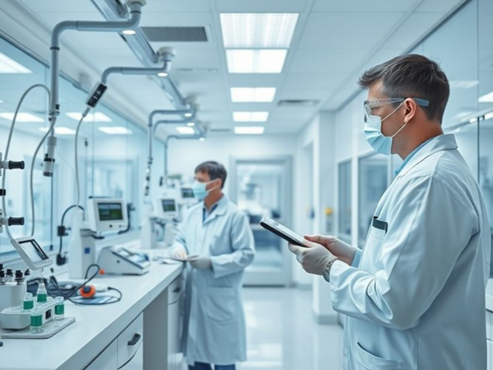 Two scientists in a sterile laboratory, with one using a tablet to record data.